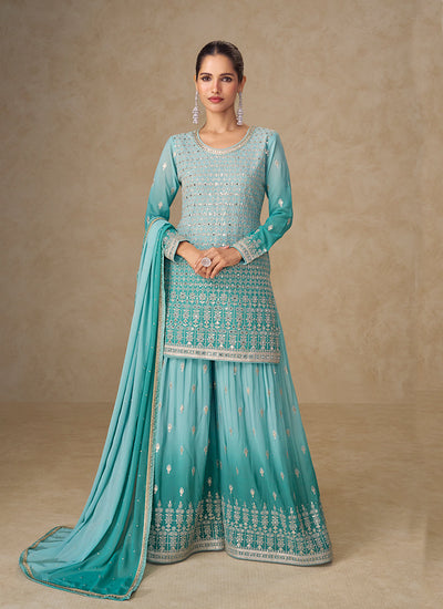 Firozi Blue Ombré Embroidery Sharara Style Suit