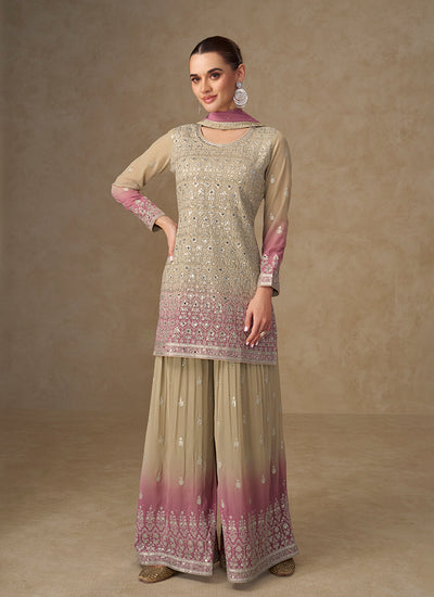 Beige Pink Ombré Embroidery Sharara Style Suit