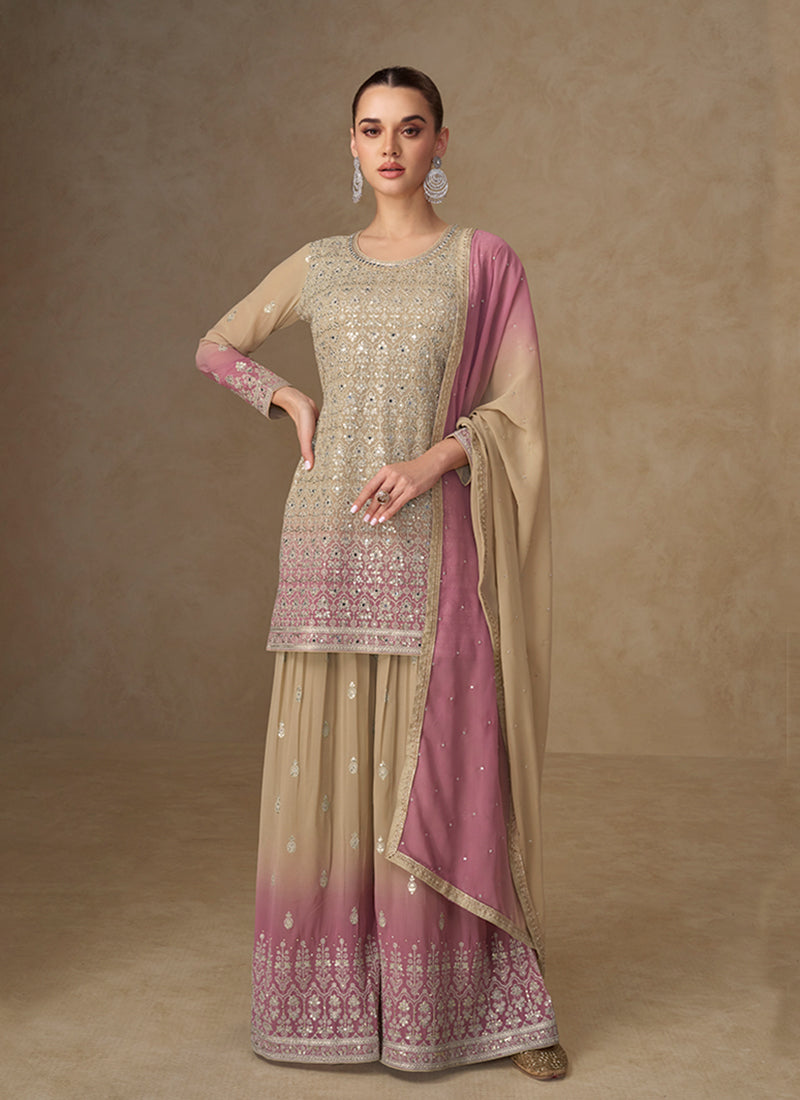Beige Pink Ombré Embroidery Sharara Style Suit