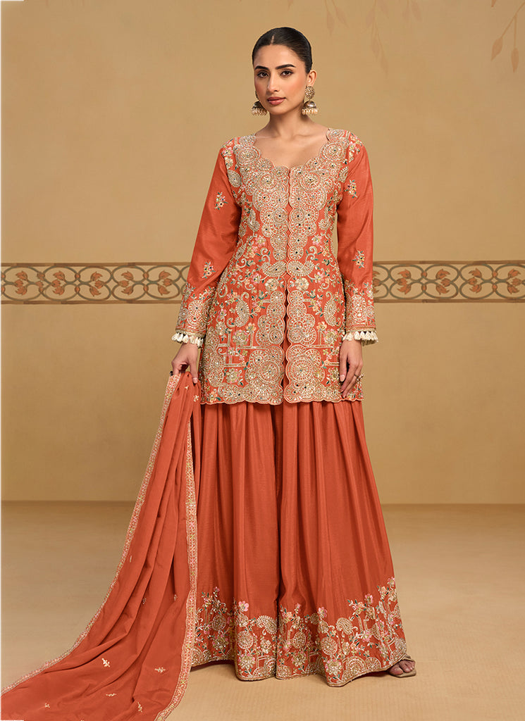 Coral Orange Embroidered Sharara Style Suit