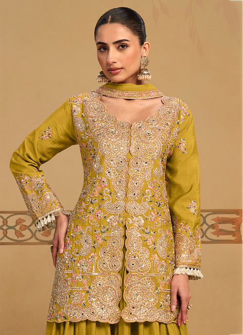Shop Lime Yellow Mehendi Sharara Suit Online