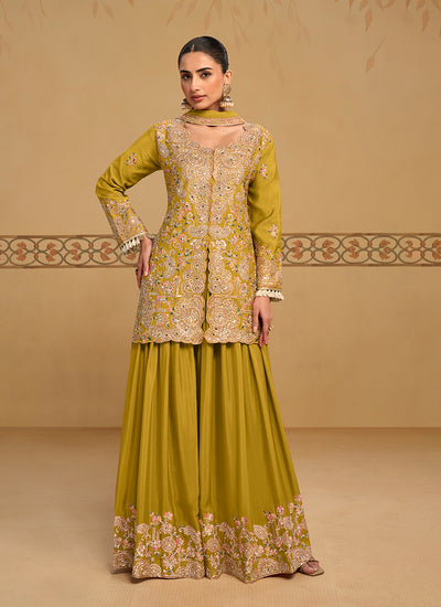 Lime Yellow Embroidered Sharara Style Suit