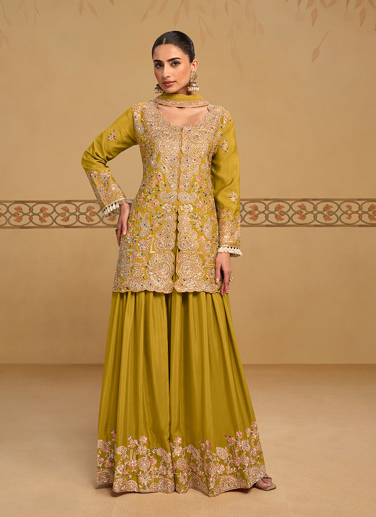 Lime Yellow Embroidered Sharara Style Suit