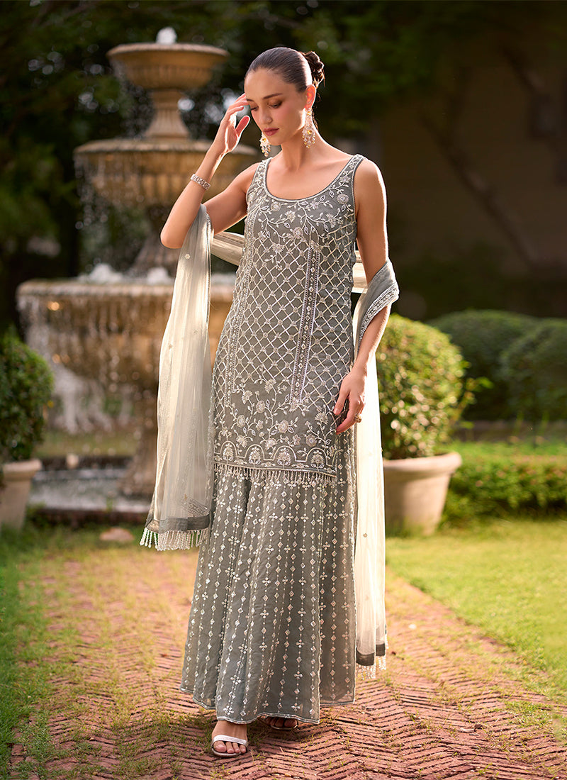 Grey Floral Embroidered Chinnon Silk Sharara Suit