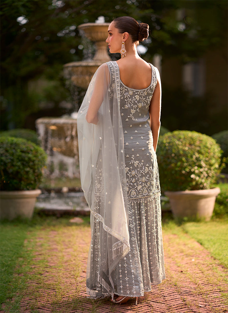 Buy Grey Floral Sharara Suit In UK