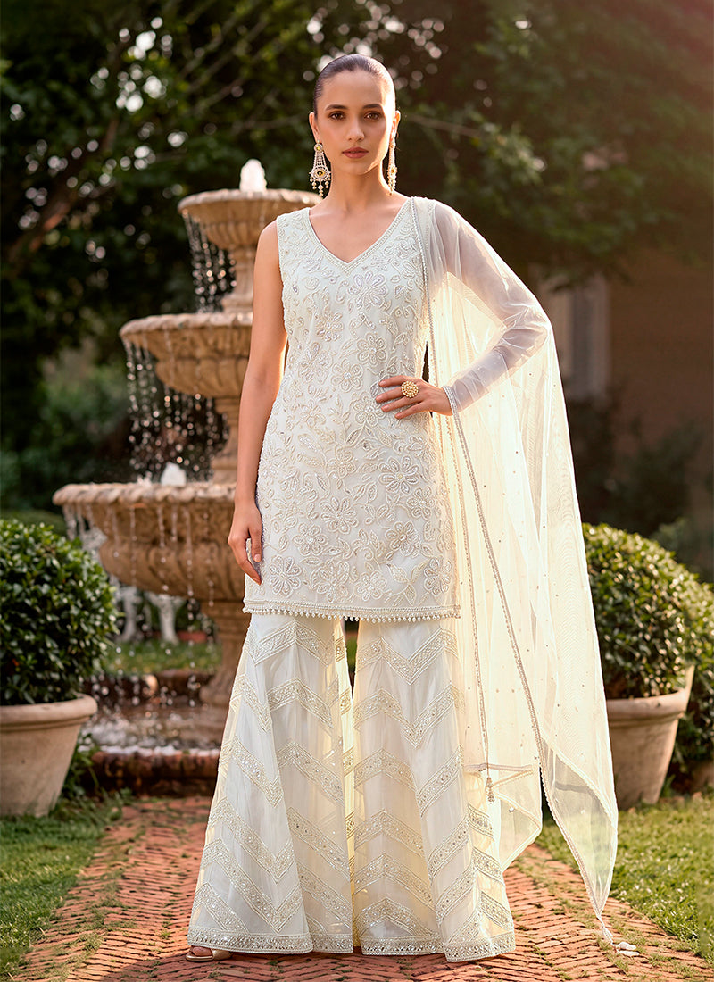 Ivory Floral Embroidered Tulle Silk Sharara Suit