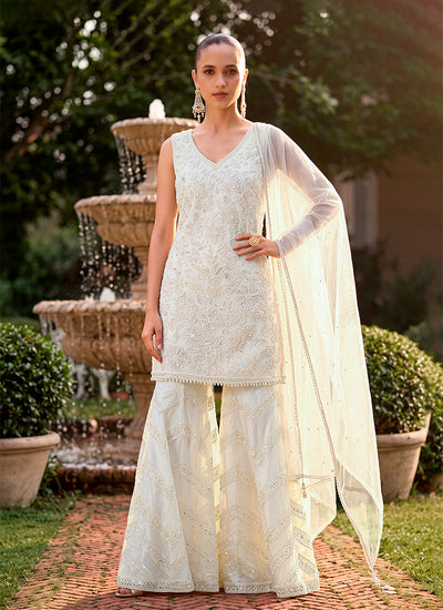 Ivory Floral Embroidered Tulle Silk Sharara Suit