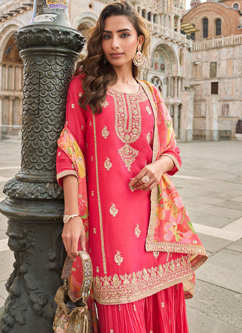 Bright Pink Embroidered Wedding Wear Sharara Suit