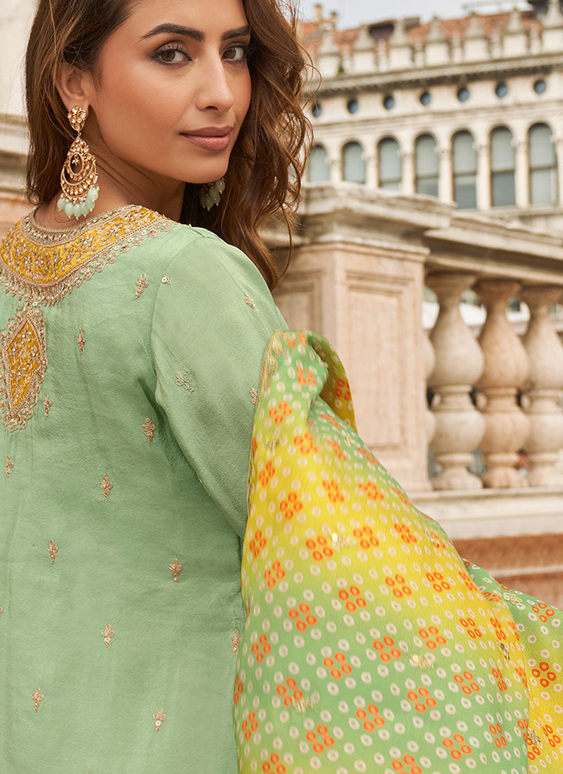 Sea Green And Yellow Embroidered Wedding Wear Sharara Suit