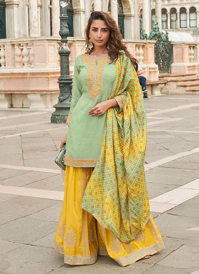 Sea Green And Yellow Embroidered Wedding Wear Sharara Suit