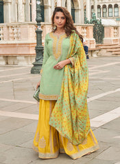 Sea Green And Yellow Embroidered Wedding Wear Sharara Suit