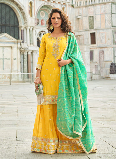 Yellow Embroidered Wedding Wear Sharara Suit