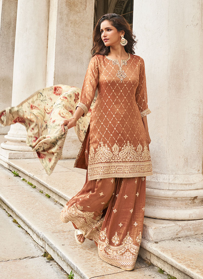 Rust Brown Embroidered Wedding Wear Sharara Suit