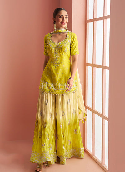 Shop Yellow Ombré Mirror Work Designer Sharara Suit