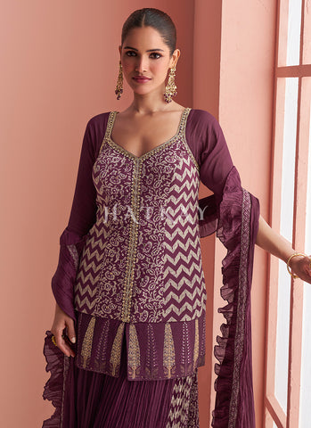 Wine Purple Embroidered Designer Sharara Suit
