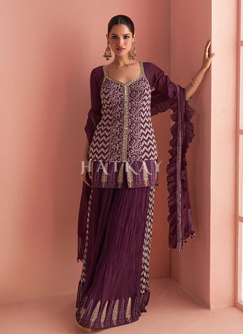Wine Purple Embroidered Designer Sharara Suit