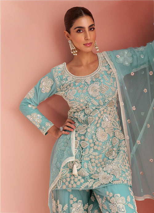 Buy Firozi Blue Latest Sharara Suit Collection - Hatkay