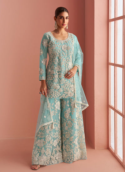 Firozi Blue Party Wear Sharara Suit