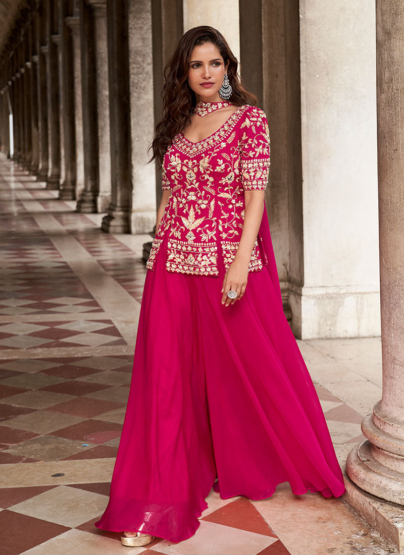 Magenta Sequins Embroidery Sharara Style Suit