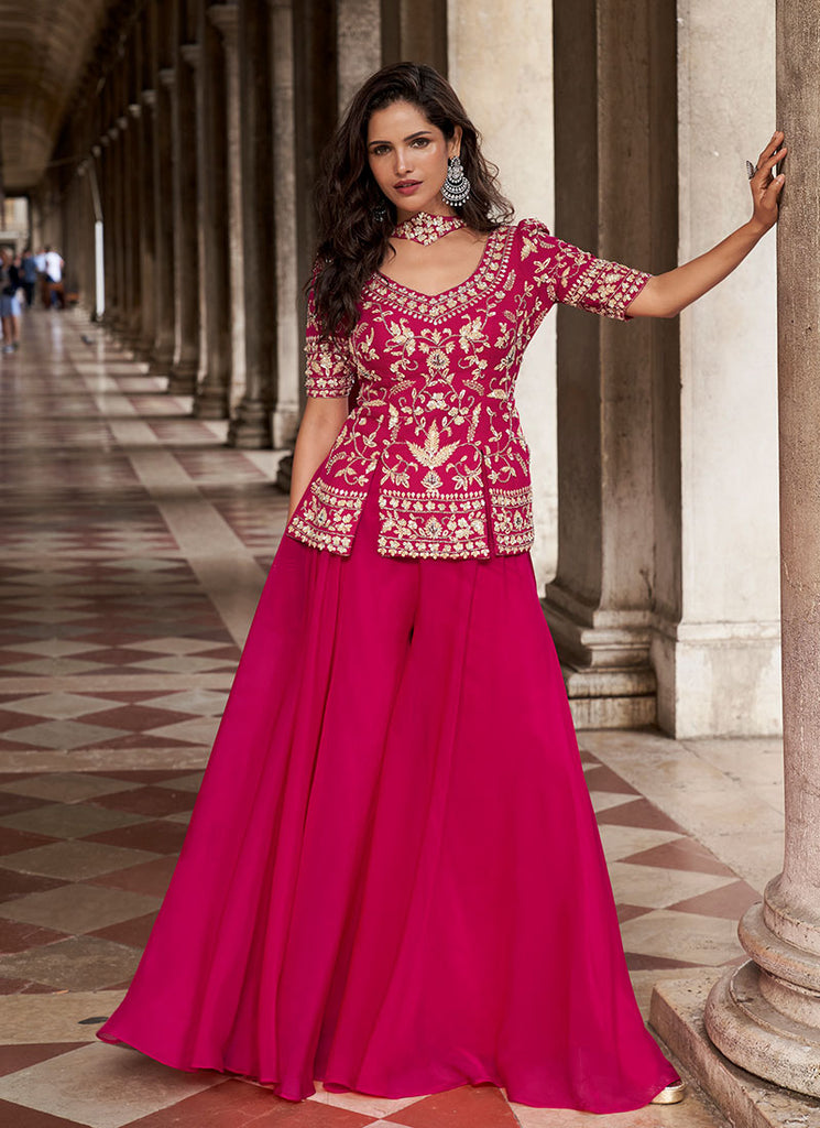 Magenta Sequins Embroidery Sharara Style Suit