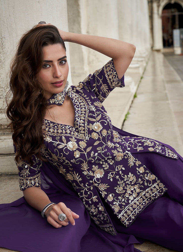 Purple Sequins Embroidery Sharara Style Suit