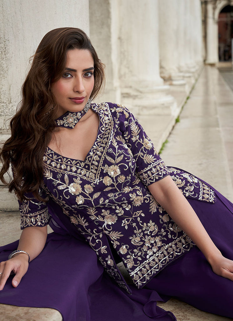 Purple Sequins Embroidery Sharara Style Suit
