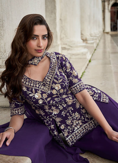 Purple Sequins Embroidery Sharara Style Suit