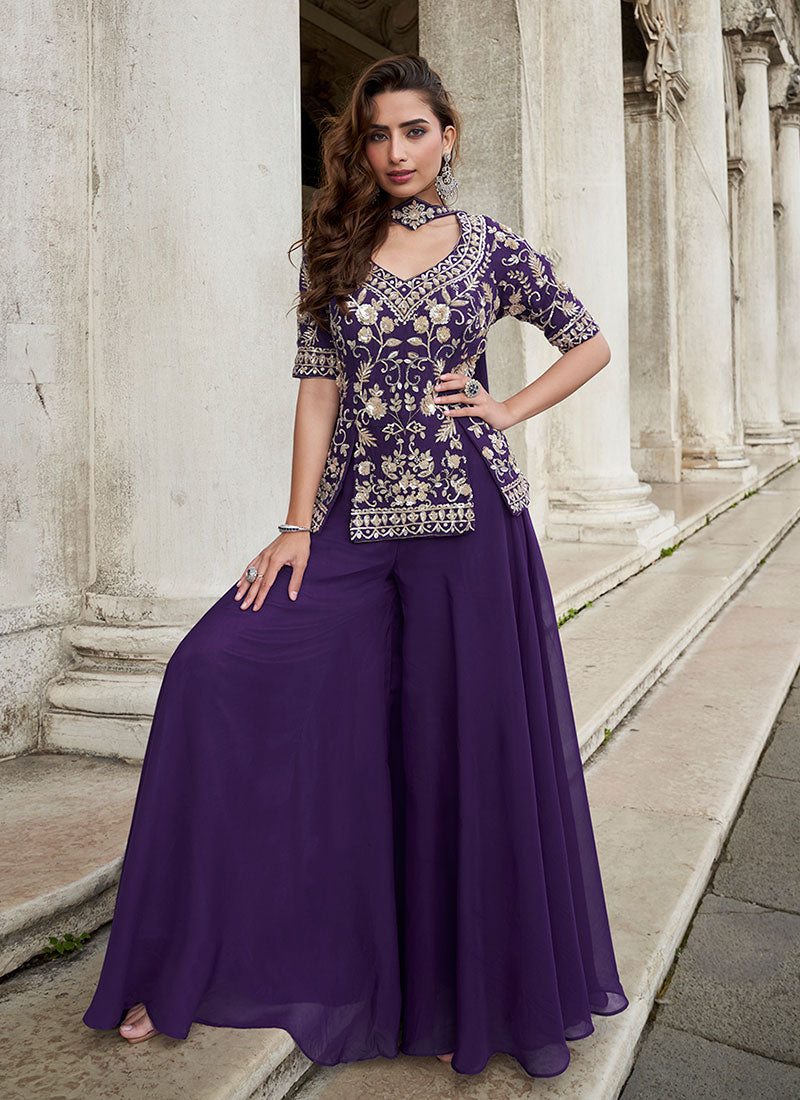 Purple Sequins Embroidery Sharara Style Suit