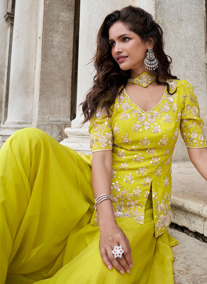 Lime Yellow Sequins Embroidery Sharara Style Suit