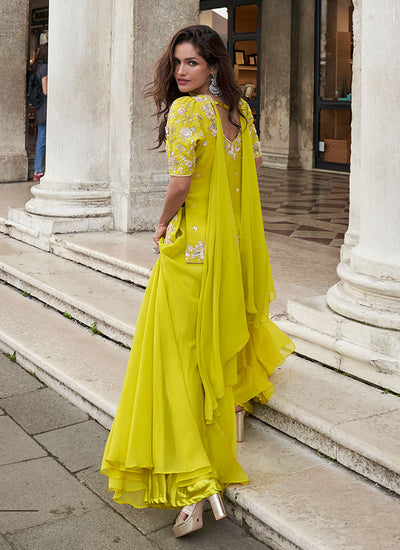 Lime Yellow Sequins Embroidery Sharara Style Suit