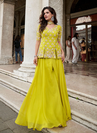 Lime Yellow Embroidery Sharara Style Suit