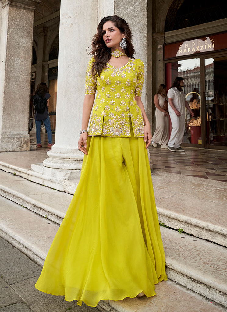Lime Yellow Sequins Embroidery Sharara Style Suit