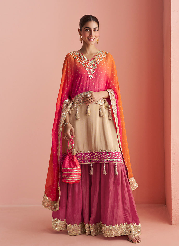Pink And Orange Embroidered Poncho Style Sharara Suit