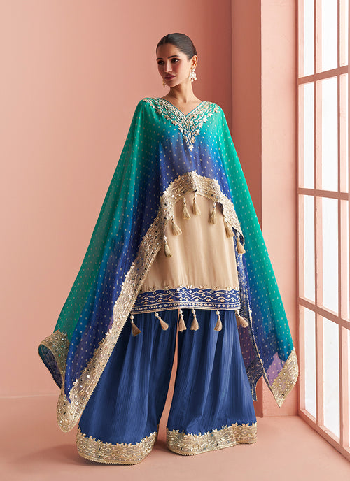 Blue And Green Embroidered Poncho Style Sharara Suit  