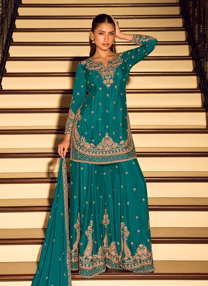 Turquoise Embroidery Festive Wear Sharara Suit