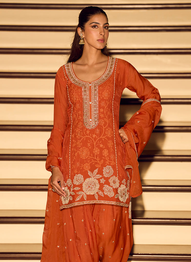 orange punjabi dress Punjabi Costumes For Marriage Function Vibrant Orange Punjabi Suit Set With Heavy Work Dupatta