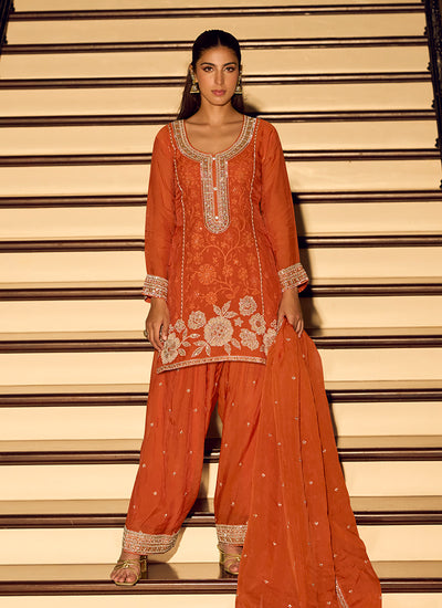 Orange Embroidery Festive Wear Punjabi Suit