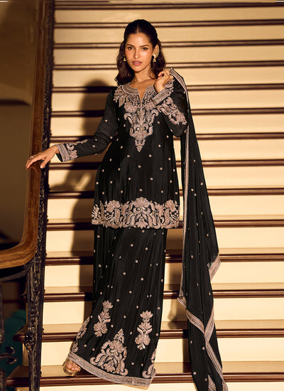 Black Embroidery Festive Wear Sharara Suit
