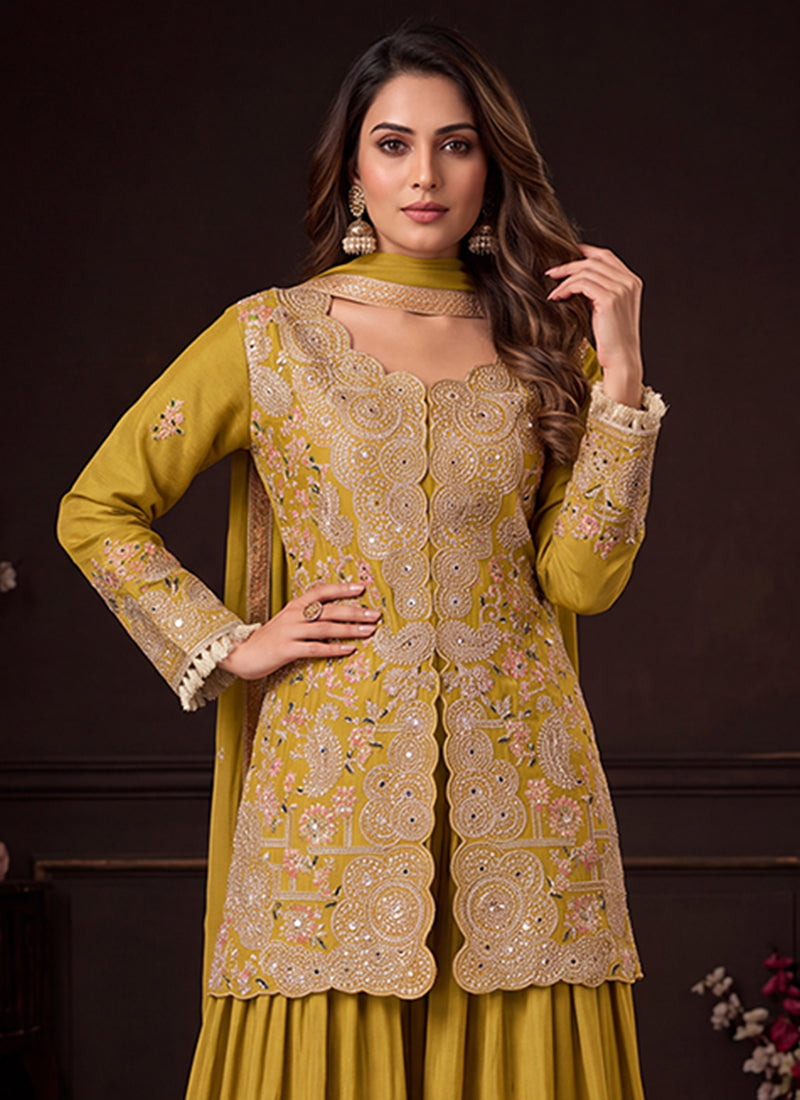 Buy Yellow Embroidered Festive Sharara Suit In USA
