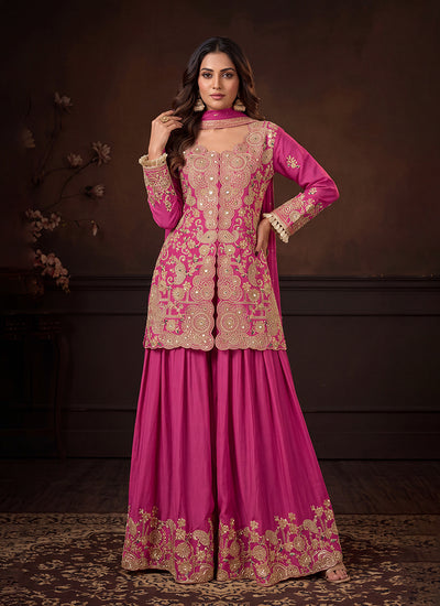 Rani Pink Embroidered Festive Sharara Suit