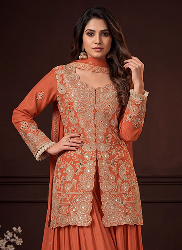 Shop Orange Embroidered Sharara Suit In USA