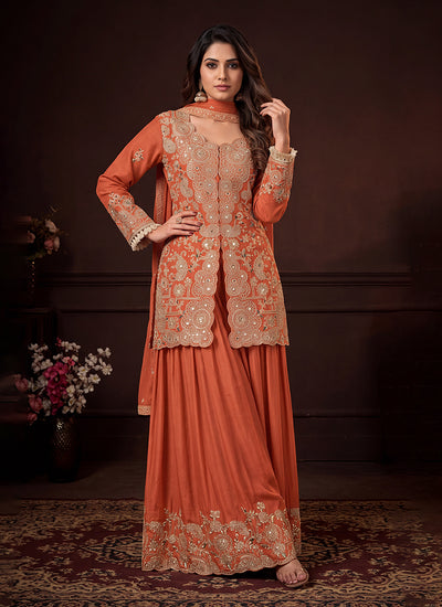 Orange Embroidered Festive Sharara Suit