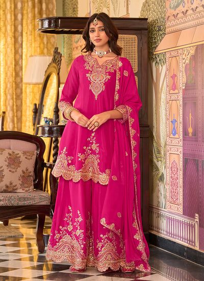 Rani Pink Reshamkari Embroidery Festive Sharara Suit