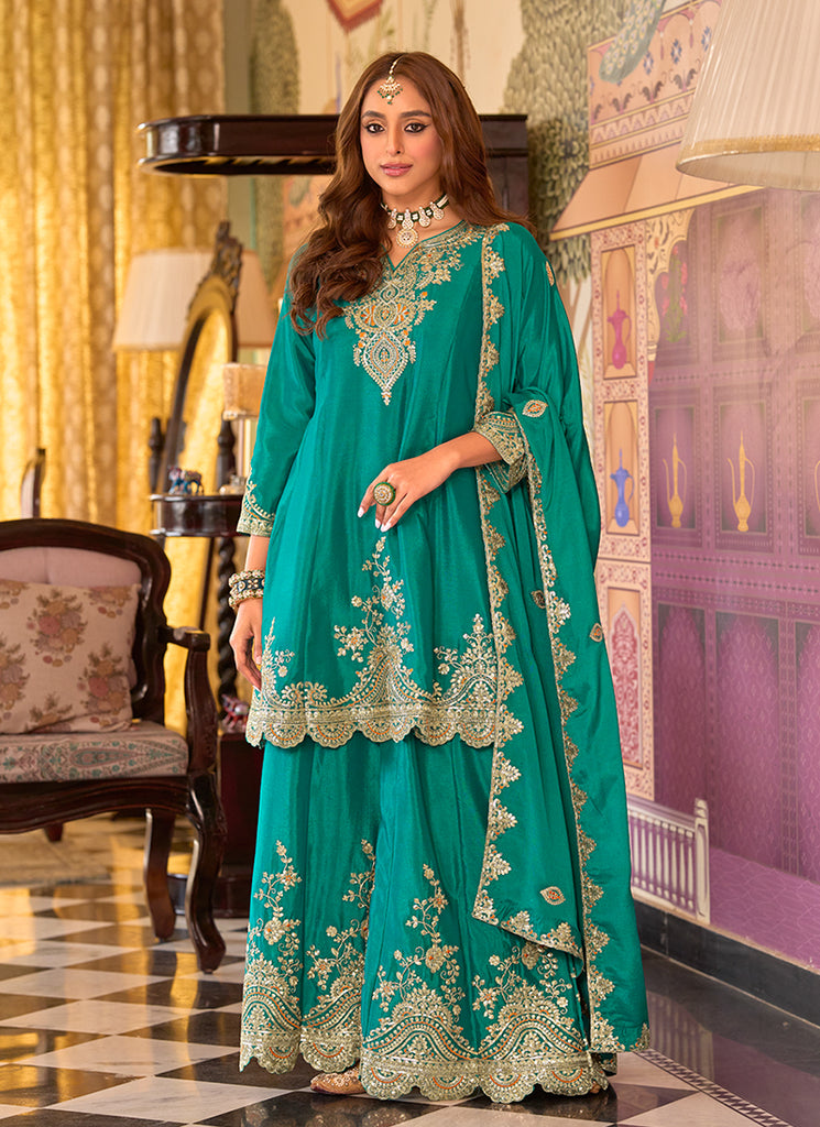 Turquoise Reshamkari Embroidery Festive Sharara Suit