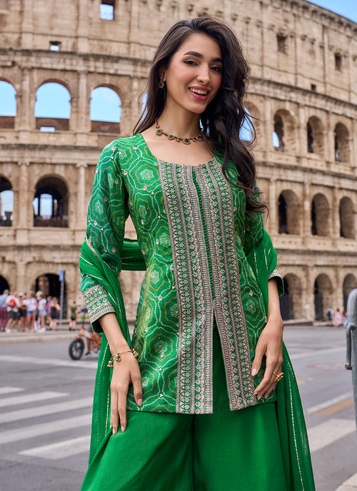Green Embroidery Chinnon Silk Sharara Suit