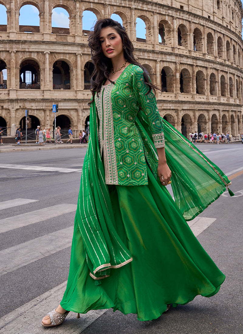 Green Embroidery Chinnon Silk Sharara Suit