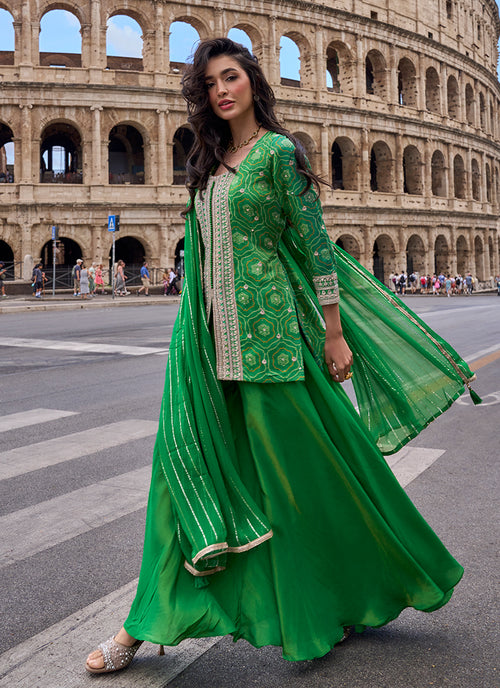 Green Embroidery Chinnon Silk Sharara Suit