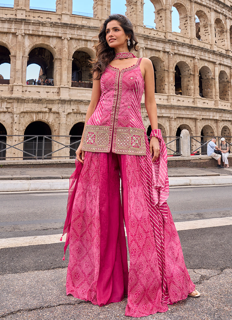 Pink Embroidery Chinnon Silk Sharara Suit