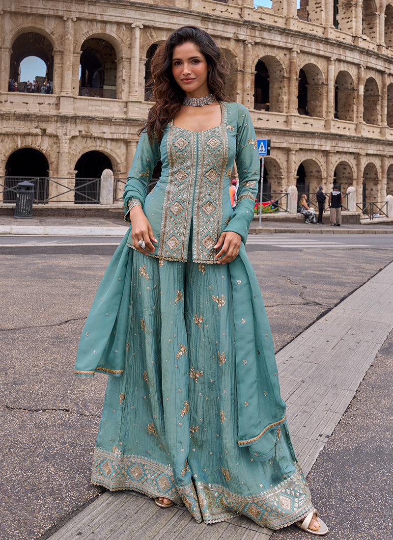 Powder Blue Embroidery Chinnon Silk Sharara Suit
