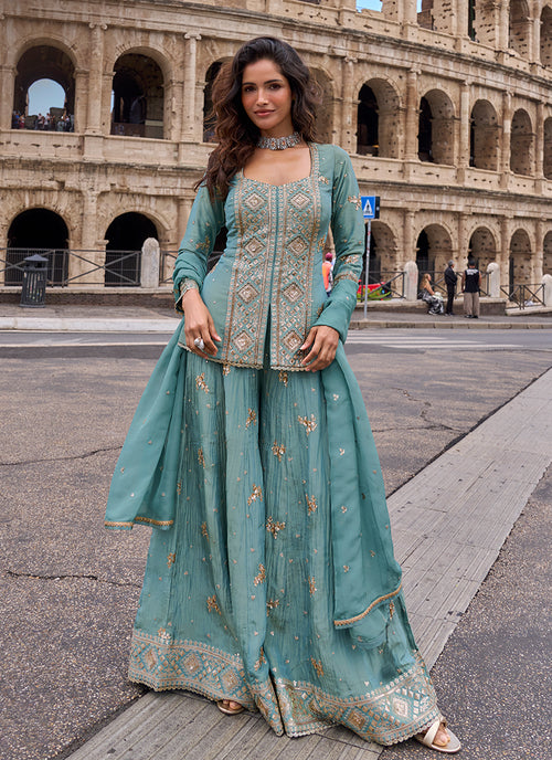 Powder Blue Embroidery Chinnon Silk Sharara Suit
